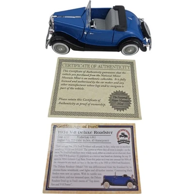 1934 Blu V8 Ford V8 Deluxe Roadster Diecast Museo Nazionale del Motore Mint - Immagine 1 di 4