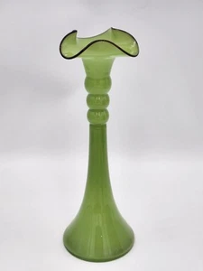 Vintage Czechoslovakia Tango Glass Green & Black Tall Vase Ruffled Rim 12.5" - Picture 1 of 15
