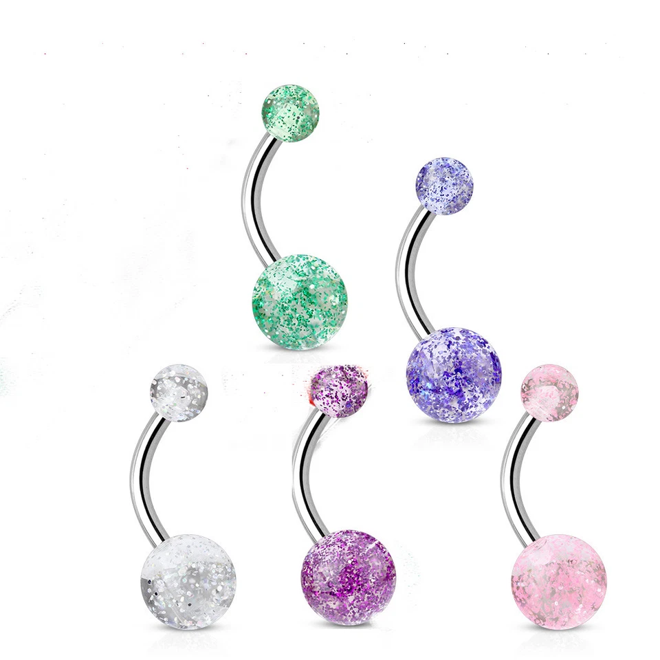 Acrylic Color Ultra Glitter Surgical Steel Balls Surgical Steel Belly Ring B573 - Image 1 of 1