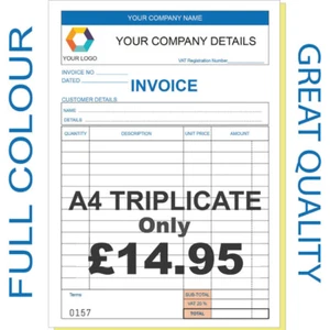 PERSONALISED A4 INVOICE BOOK TRIPLICATE NCR RECEIPT ORDER, 50 SETS PER PAD - Picture 1 of 4