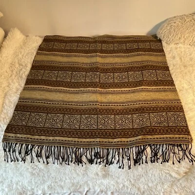 Aurora Paci Shawl Throw - Italian  Gold Browns Black 33” X 68” Black Fringe Edge - Image 1 of 4