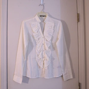 NINE WEST Jeans Ivory Viscose Scoop Neck Embellished Puff Sleeve Boho Top Size S - Picture 1 of 5