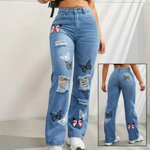 Pantalón de mezclilla de cintura alta, recto, con estampado de mariposas, rotos - Picture 1 of 7