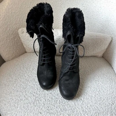 Boutique 9 Distance Black Leather Wedge Lace up Fur Boot 8 - Image 1 of 4