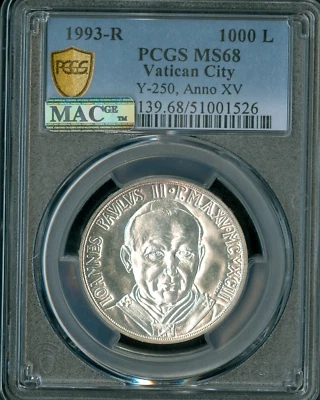 1993 R VATICAN SILVER 1000 LIRE POPE JOHN PAUL II  XV PCGS MS68 MAC SPOTLESS - Image 1 of 2