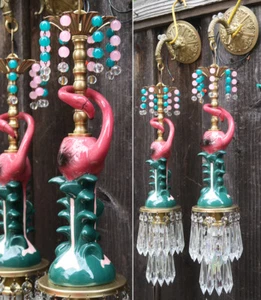 2 Wandleuchter Tropical Pink FLAMINGO Messing Vintage Lampe Porzellan Kristall Prisma Vanit - Bild 1 von 12