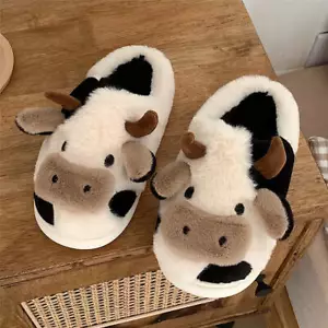 Fuzzy Cow Slippers Cute Warm Slippers Cozy Cotton Animal Shape Shoes Slip-On❤ - Picture 1 of 15