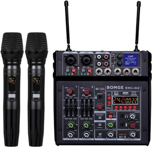 BOMGE 04E Karaoke Audio Mixer, 4 Channel Mixer with Wireless Dual UHF Microph... - Picture 1 of 9
