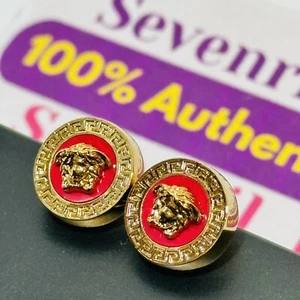 Versace Icon Medusa Greca Engrave Stud Earrings Gold Tone Red Unisex NWT $475 - Picture 1 of 9
