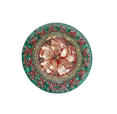 Pretty Czech Glass Reverse Painted Flower Shank Button - Green - Red - Lt Orange - Image 1 of 4