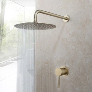 10“ Brushed Gold Bathroom Wall Mount Rainfall Shower Set Taps Mixer Faucet - Picture 1 of 10