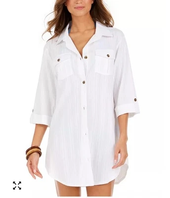Camisa blanca DOTTI Travel Muse vestido túnica encubrimiento botón medio ropa de resort boho Foto 1 de 4