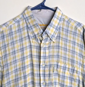 BARBOUR Vtg Country Shirt Linen Plaid White Yellow Blue Btn SHIRT Men's L - Picture 1 of 6