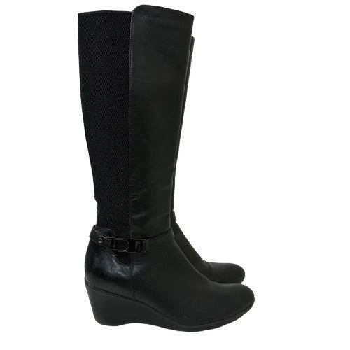 Botas de cuña negras altas rubias talla 9 Aquaprotect tacón de 3" ropa de calle Foto 1 de 4