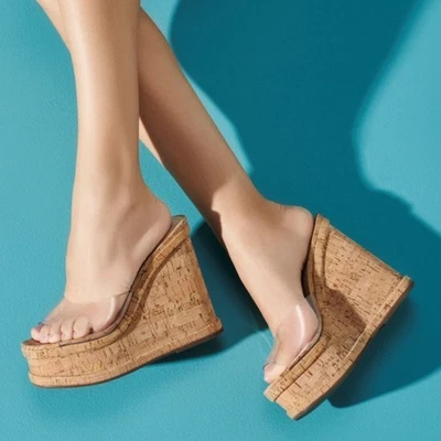 Schutz Mujer Lucite Corcho Plataforma Cuña Tacones Talla 9.5 Boho Resort Vacaciones Foto 1 de 4