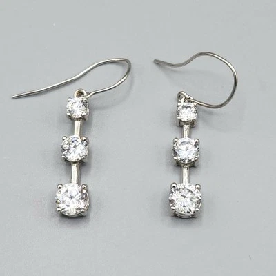 Sterling Silver 3 Graduated Stone CZ Line Drop Dangle Hook Earrings - Image 1 of 4
