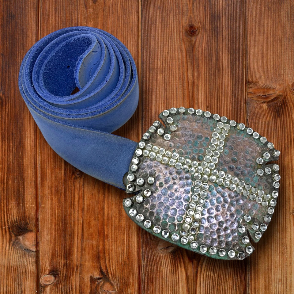 Винтажный Y2K негабаритный блестящий ремень пряжка синий замшевый ремень женщин Sz XL Western - Изображение 1 из 4