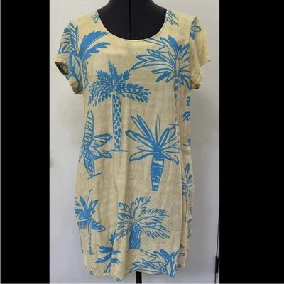 VESTIDO VINTAGE AÑOS 80 JAMS WORLD LIGERO RAYÓN SOL AMARILLO AZUL BOLSILLOS PALMA L Foto 1 de 4