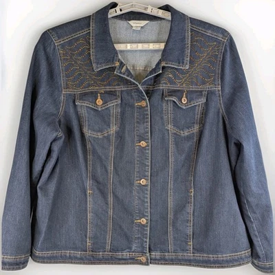 Denim Jacket BLING CJ Banks Dark Jean 2X Rhinestones Stretch - Image 1 of 4