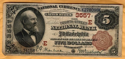 $5 Series 1882 Brown Back National Currency Fourth Street NB Philadelphia #3557 - Image 1 of 2