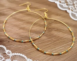 Gold Glass Bugle & Turquoise Delica Beaded Dangly Large Hoop Earrings HANDMADE - Picture 1 of 3
