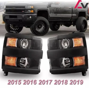Headlights For 2015 2016 2017 2018 2019 Chevy Silverado 2500/3500HD Black Lamps - Picture 1 of 11
