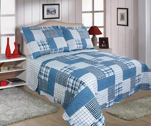 KARIERT BLAU TAGESDECKE SET GESTEPPT TRADITIONELL PATCHWORK GINGHAM STREIFEN JAKOBSMUSCHEL - Bild 1 von 1