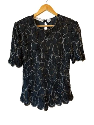 Винтажная шелковая черная вышитая бисером блузка с коротким рукавом Scala 1980-е размер XL - Изображение 1 из 4