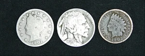 Indian Head Penny, Liberty V, Buffalo Nickel (3 Münzen) Lot - alte US Münzen - Bild 1 von 2