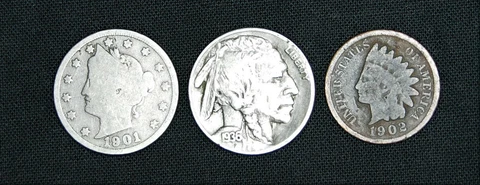 Indian Head Penny, Liberty V, Buffalo Nickel (3 coin) Lot - Old US Coins Cover
