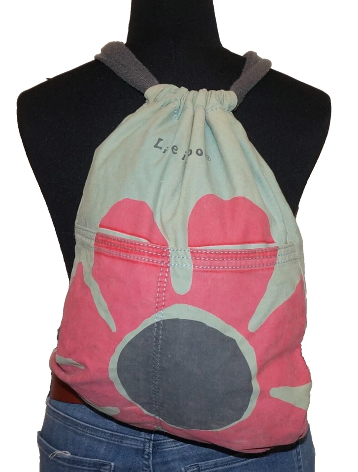 LIFE IS GOOD Aqua-Green & Pink Distressed Cotton Drawstring Backpack *WEAR - Image 1 of 4