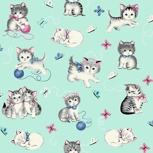 Mint Vintage Kitties Little Darlings. Freckle & Lollie Quilt Fabric BTY 44"