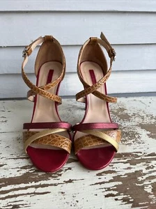 Women's Longchamp Leather Burgundy Red & Gold Croc Strappy Stiletto Heels 37 - Picture 1 of 10