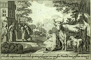 1700 Gravure Bible ancien testament religion israélite LES DERNIERS JOURS DE JOB - Imagen 1 de 2