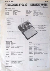 Boss PC-2 Analog Percussion Synthesizer Original Boss Service Notes Manual, 1983 - Picture 1 of 1