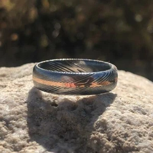 New 6mm Black Damascus Steel Ring with 14k Solid Rose Gold Inlay - Picture 1 of 7