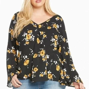 Torrid Blumendruck V-Ausschnitt Bluse schwarz/gelb bohemian feminin baggy Übergröße - Bild 1 von 11