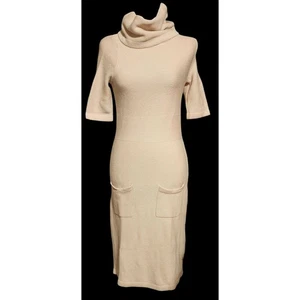 Moda International Knit Dress Size Medium Beige Cowl Neck Ribbed Pockets - Picture 1 of 7
