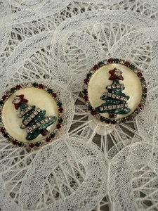 Lunch At The Ritz Christmas Tree Round Earrings Rare  - Picture 1 of 4
