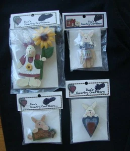 LOT of 4 Hand Painted Wood BUNNY PINS NEW - Picture 1 of 3