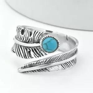 925 Sterling Silver Round Cabochon Blue Turquoise Adjustable Feather Ring Band - Picture 1 of 7