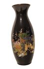Vintage Black Japanese Vase W/ Enamel Flowers & Rickshaw Cart 8? Tall Euc