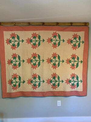 Vintage flower quilt. Carolina lily pink green & tan. Measures 82.5 x 64.5 Soft! - Image 1 of 4