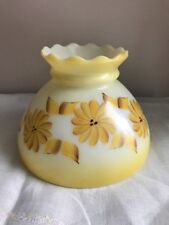 Milk Glass Hand Painted Oil Lamp Shade 8" Fitter Yellow Flowers Scalloped Top