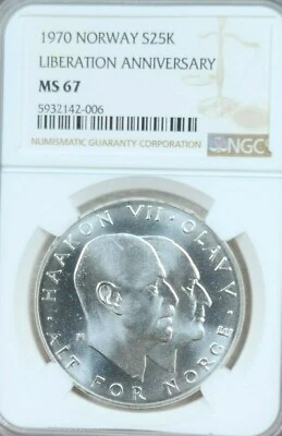 1970 NORWAY SILVER 25 KRONER WWII LIBERATION ANNIVERSARY NGC MS 67 RARE TOP POP - Image 1 of 4