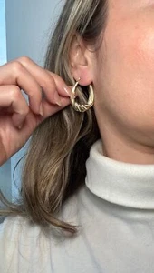 14K Yellow Gold Textured Graduated Puffy Oval Hoop Earrings, Oval Hoops, Women - Picture 1 of 8