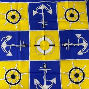 Vintage Nautical Scarf Japan Blue Yellow Anchor Rope Ship Steering Wheel Tiller - Picture 1 of 8