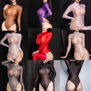Women Bodysuit Long Sleeve Jumpsuit Catsuit Leotard Lingerie Transparent Silky - Picture 1 of 53