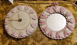 Cute Matching Pottery Clock And Mirror W Heart Motif - Picture 1 of 6