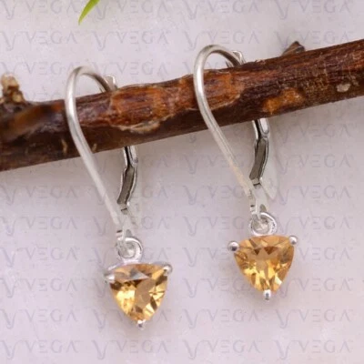 2.00Ct Trillion Cut Natural Citrine Solitaire Drop Earring 14K White Gold Plated - Image 1 of 4